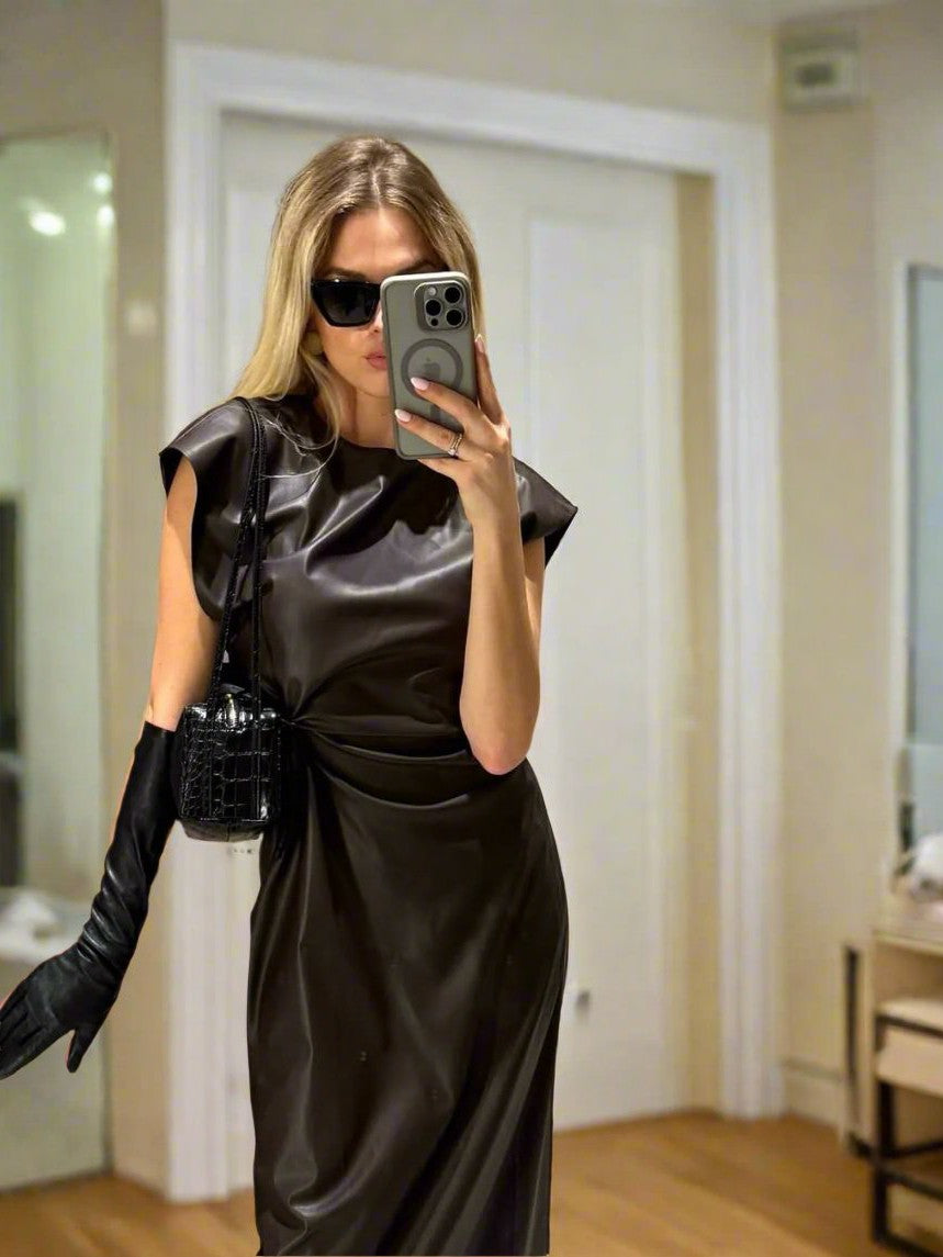 PU Leather Ruched Midi Dress