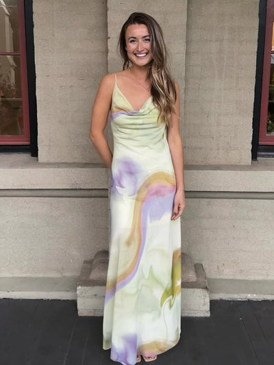 Tie Dye Cowl Neck Backless Maxi Dress