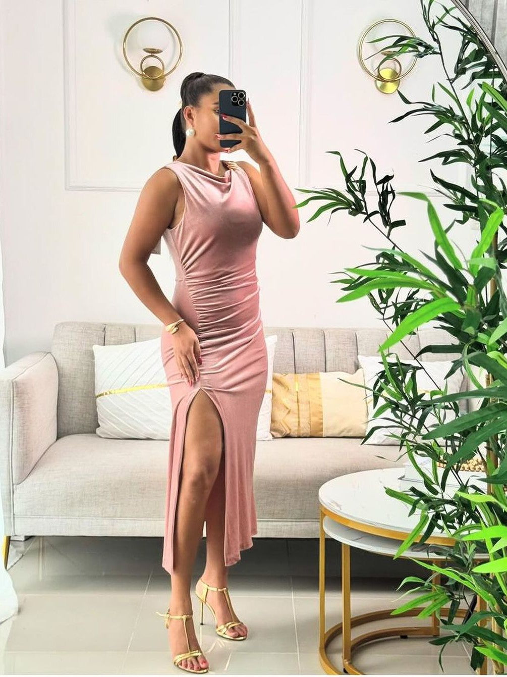 Ring Applique Ruched Slit Midi Dress