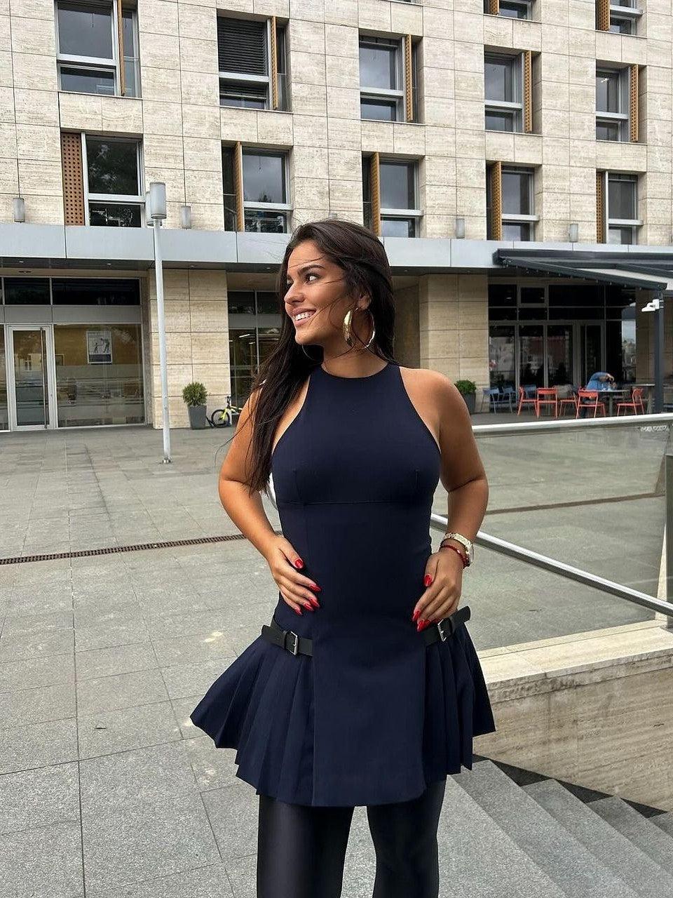 Sleeveless Fit & Flare Short Dress With Belt