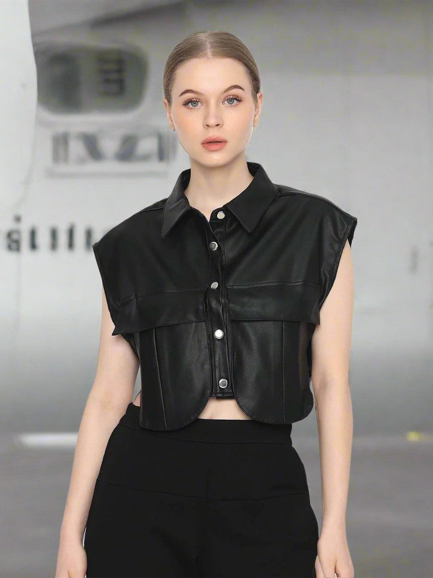 PU Leather Button-up Vest Top