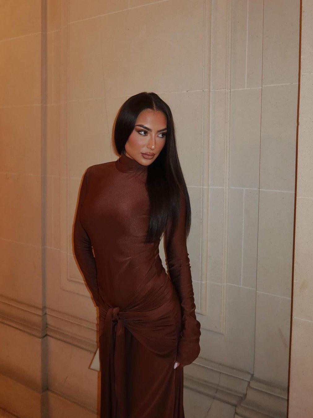 High Collar Knot Full Sleeves Bodycon Maxi Dress