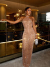 Sequins Rhinestone Semi See Through Halterneck Slit Maxi Dress