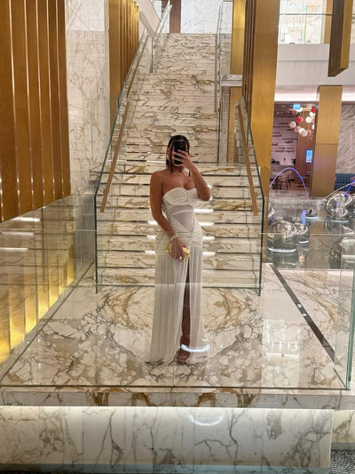 Strapless ruched slit maxi dress