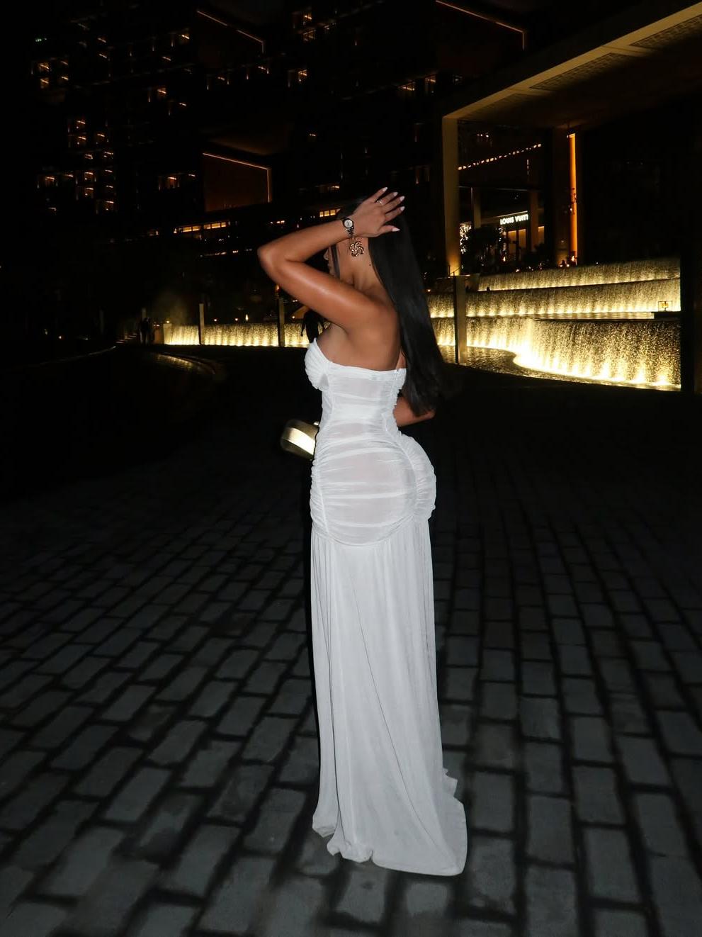 Strapless ruched slit maxi dress