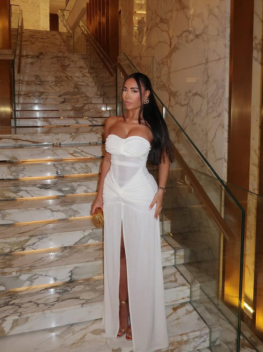 Strapless ruched slit maxi dress