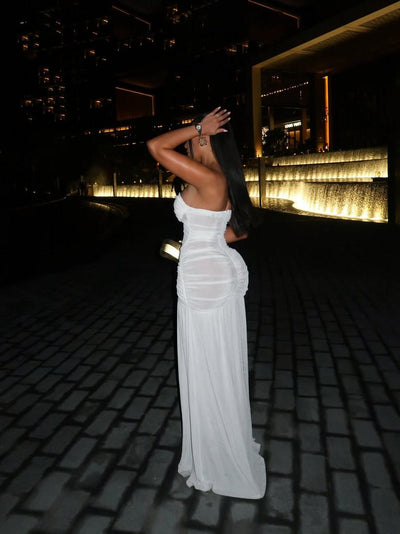 Strapless ruched slit maxi dress