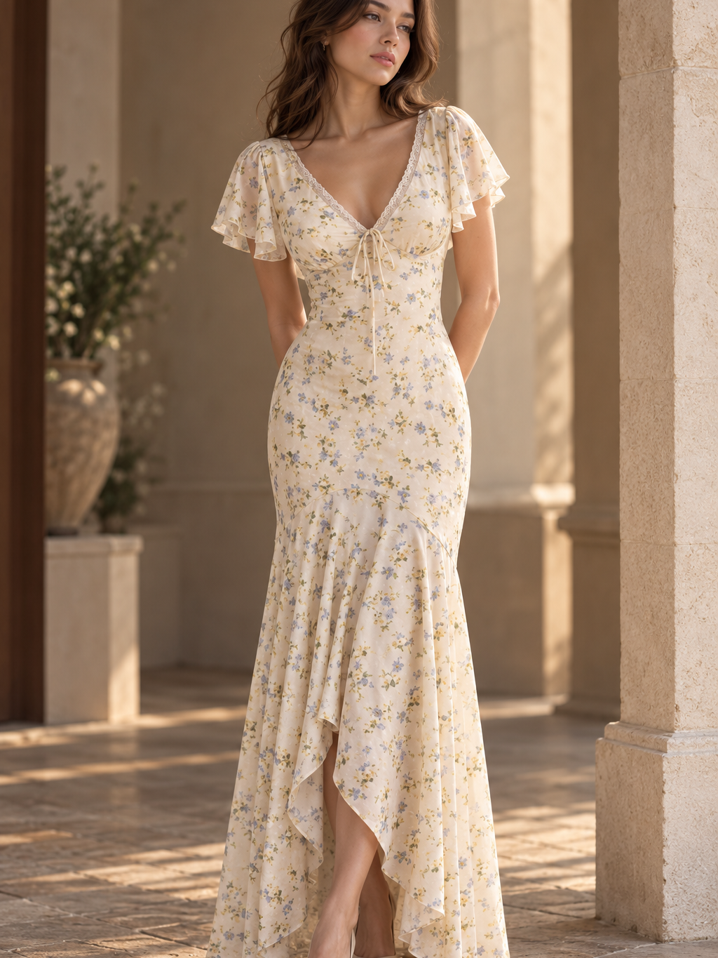 Juliette Floral Maxi Dress, cream with pale blue flowers, V-neck with lace trim and flutter sleeves