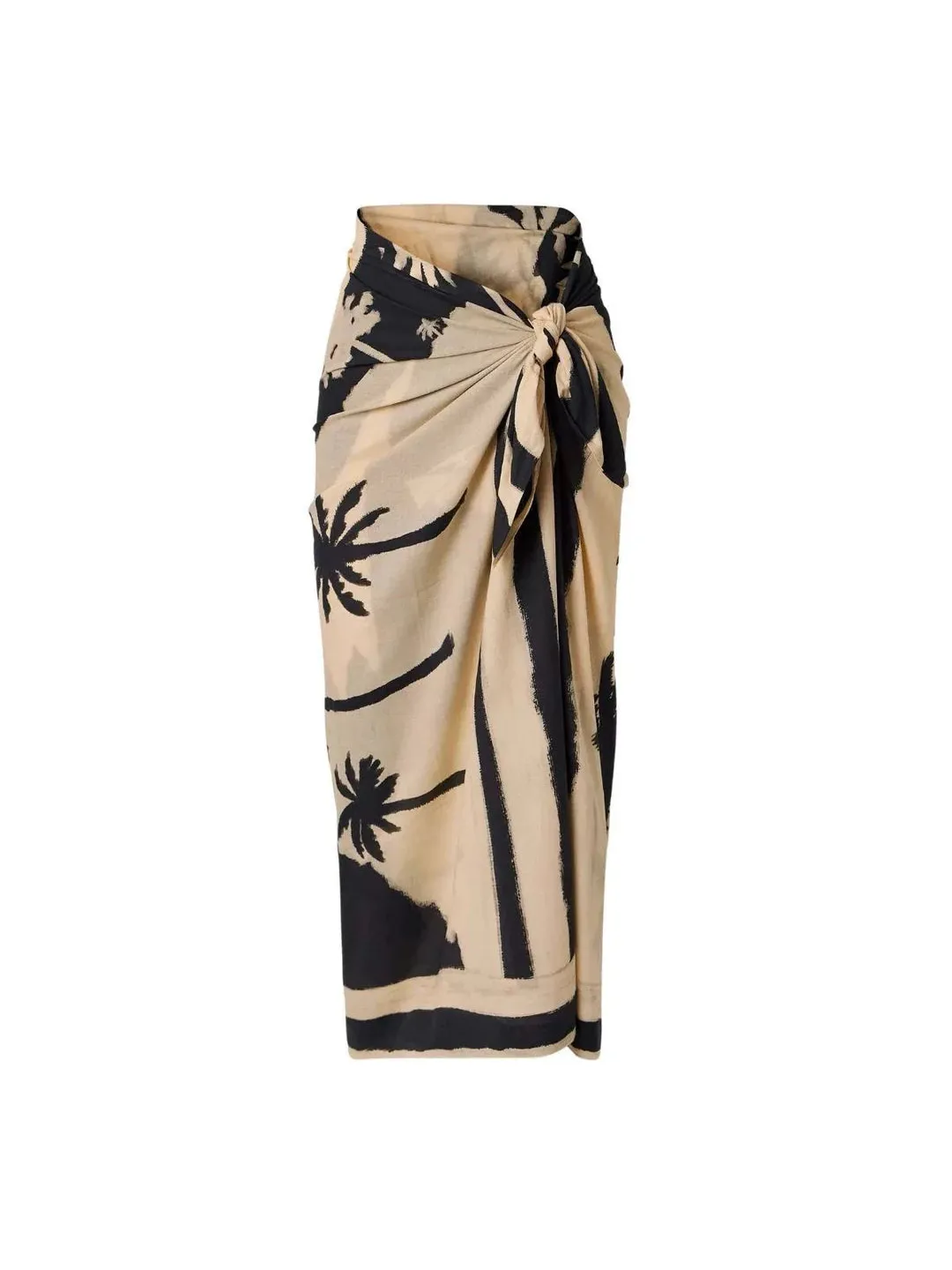 Palm Coast Asymmetric Swimsuit & Sarong Set, beige and black palm-print wrap sarong with side knot