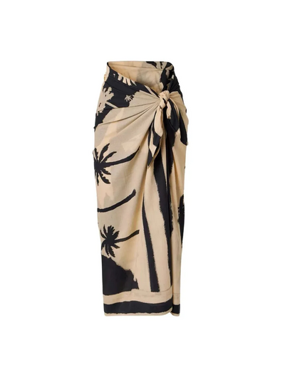 Palm Coast Asymmetric Swimsuit & Sarong Set, beige and black palm-print wrap sarong with side knot