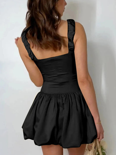 Ruched Shoulder Strap Balloon Short Dress