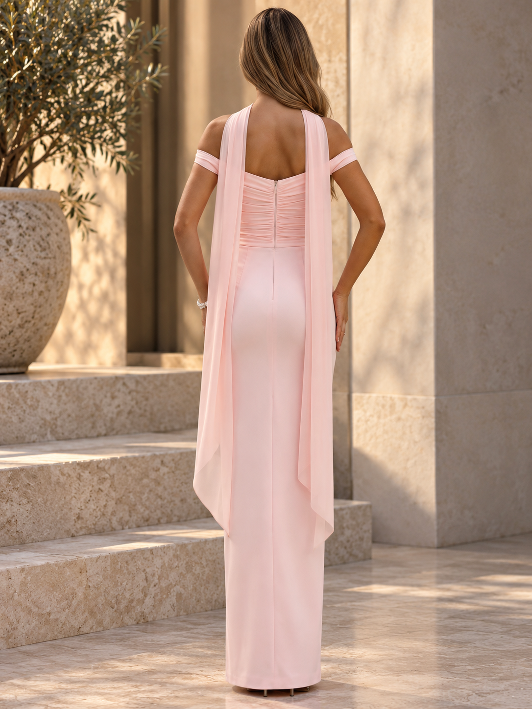 EXCLUSIVES Off-Shoulder Scarf Detail Maxi Dress, blush pink floor-length gown with flowing back scarf.