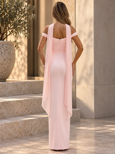 EXCLUSIVES Off-Shoulder Scarf Detail Maxi Dress, blush pink floor-length gown with flowing back scarf.