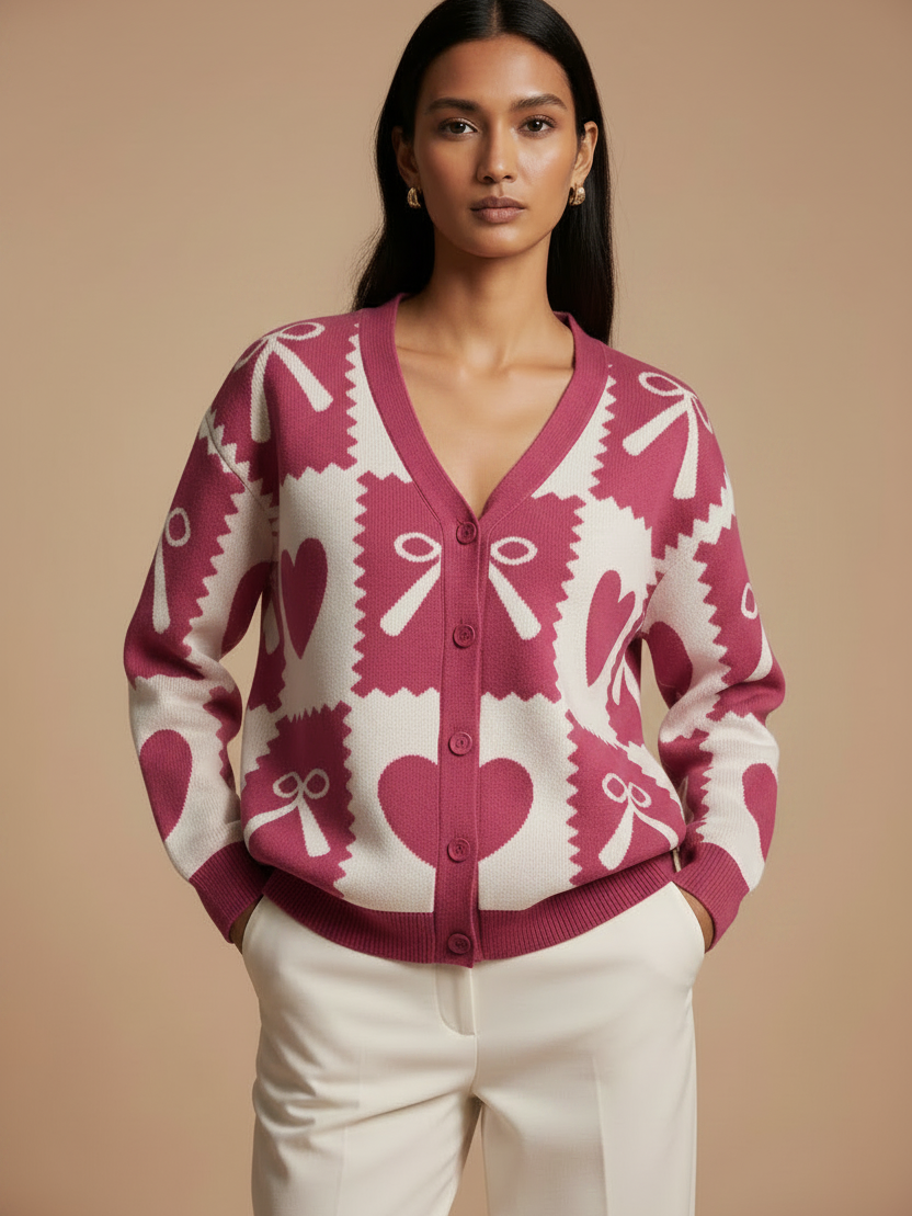 V Neck Knot Print Sweater Jacket by Winters in pink and white with heart and bow motif, button-front cardigan.