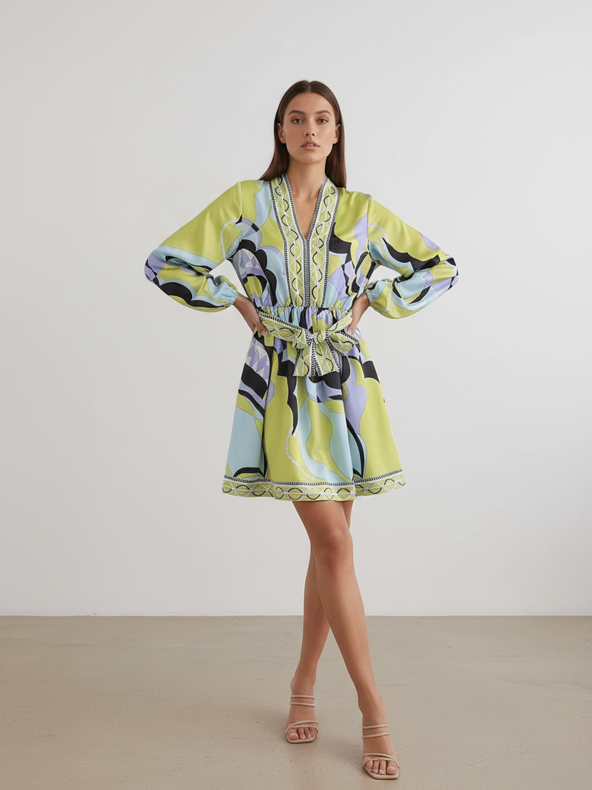 Floral print short dress with belt by Exclusives, lime-green with blue and lavender accents, puff sleeves