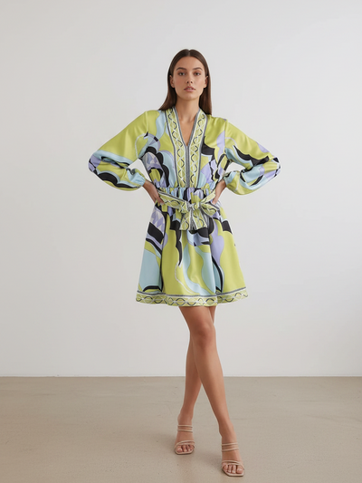 Floral print short dress with belt by Exclusives, lime-green with blue and lavender accents, puff sleeves