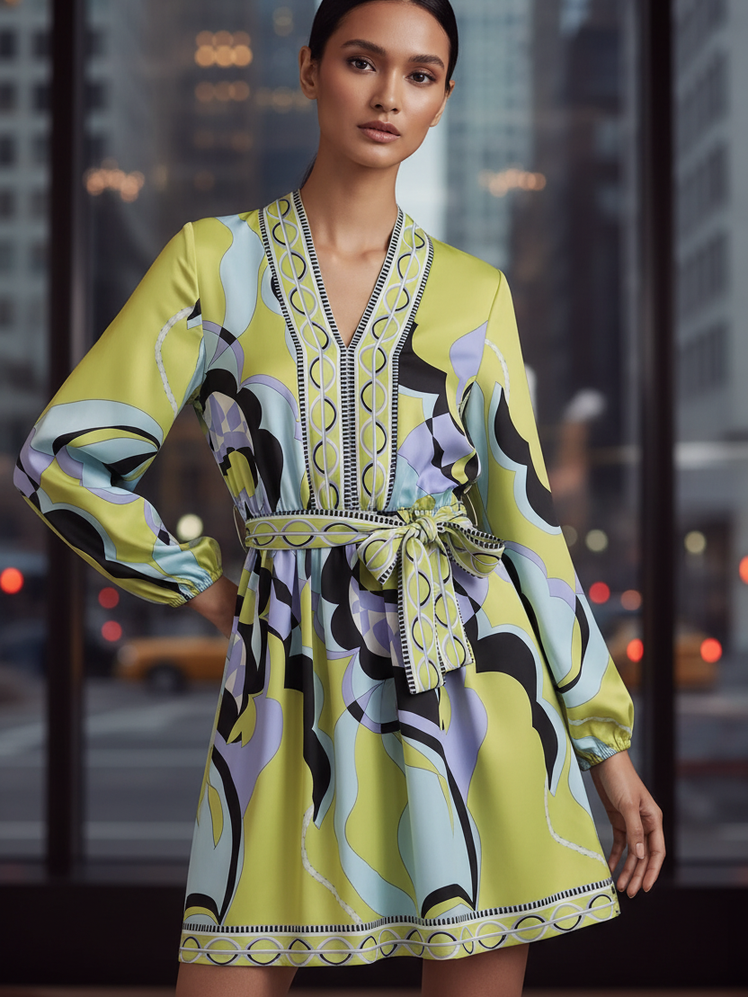 Floral Print Short Dress with Belt by Exclusives in lime yellow and blue abstract print, long sleeves