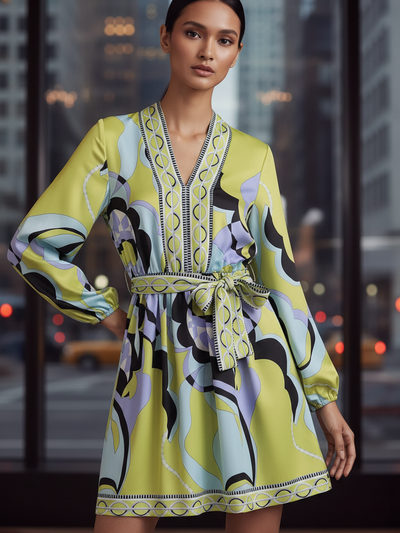 Floral Print Short Dress with Belt by Exclusives in lime yellow and blue abstract print, long sleeves