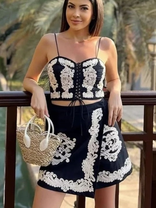 Embroidered Crop Top and Skirt Coord Set