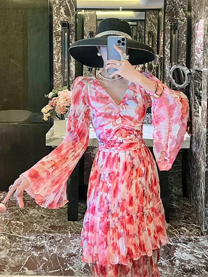 Pink Floral Pleated Midi Dress