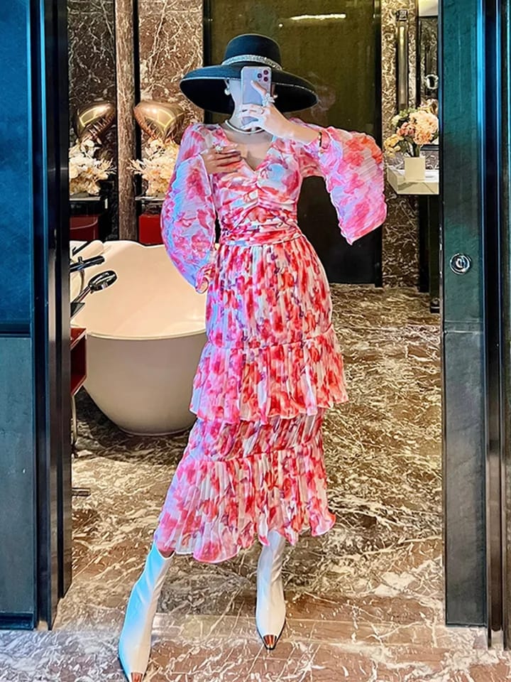 Pink Floral Pleated Midi Dress