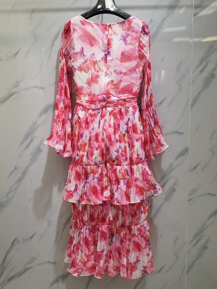 Pink Floral Pleated Midi Dress