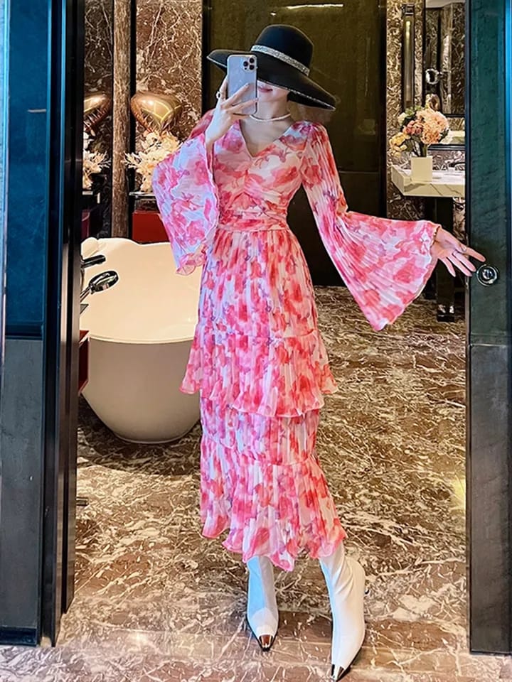 Pink Floral Pleated Midi Dress