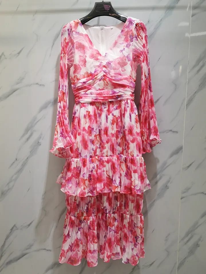 Pink Floral Pleated Midi Dress