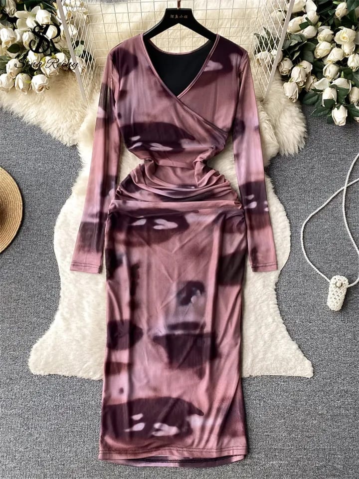 Ruched V Neck Full Sleeves Mesh Dress