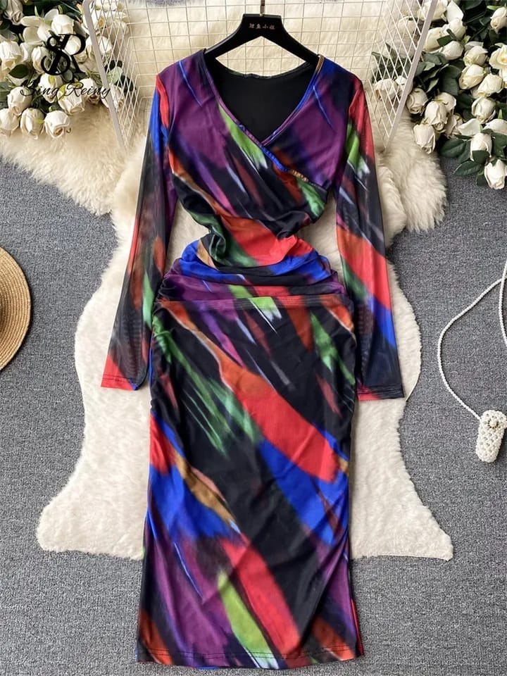 Ruched V Neck Full Sleeves Mesh Dress