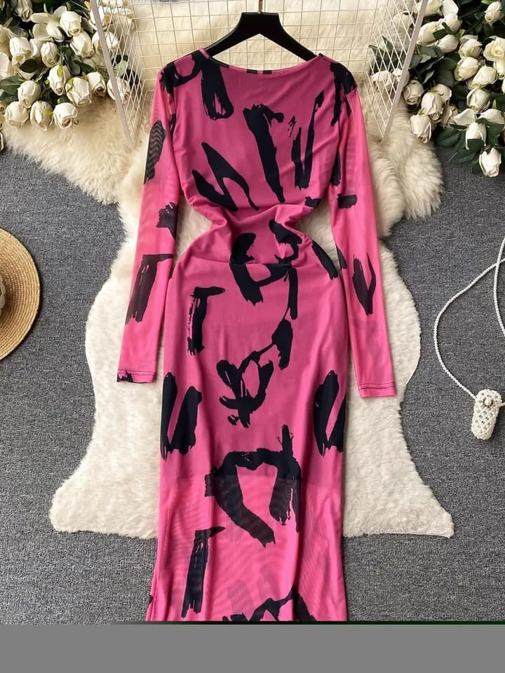 Ruched V Neck Full Sleeves Mesh Dress