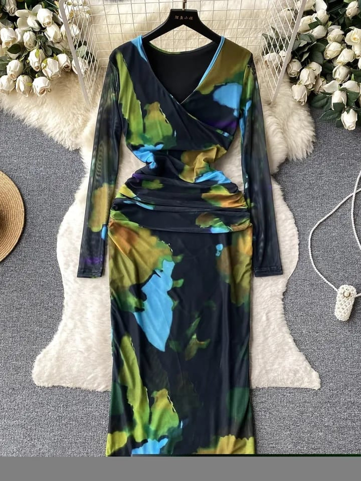 Ruched V Neck Full Sleeves Mesh Dress