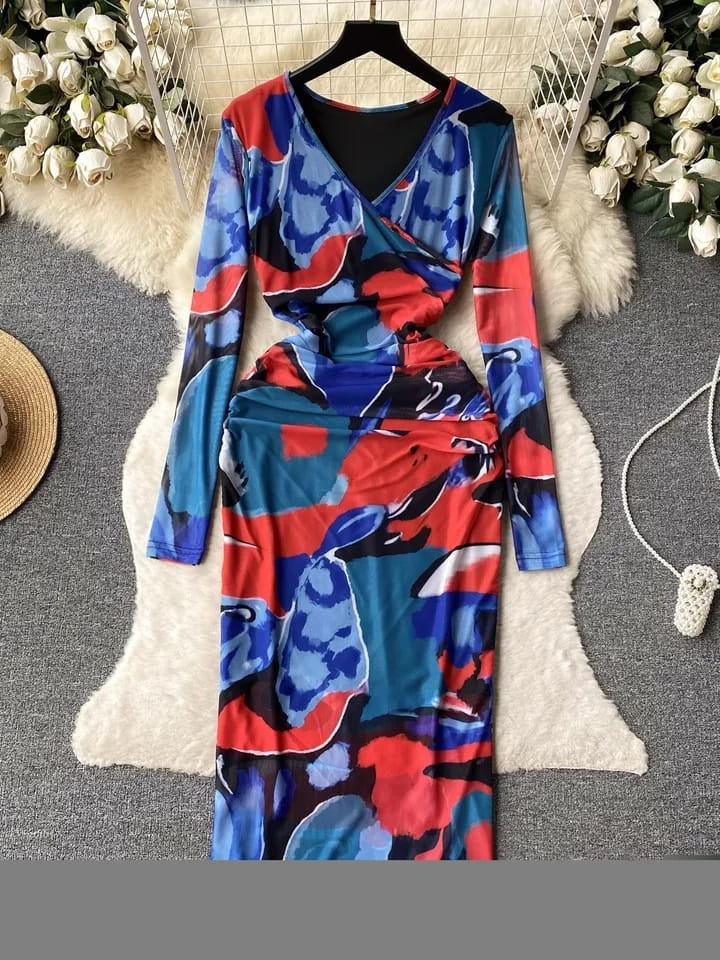 Ruched V Neck Full Sleeves Mesh Dress