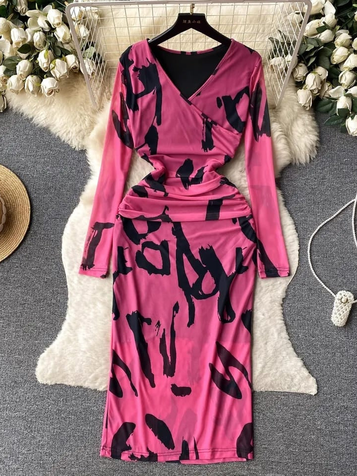 Ruched V Neck Full Sleeves Mesh Dress