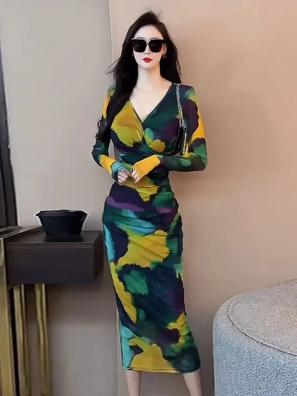 Ruched V Neck Full Sleeves Mesh Dress