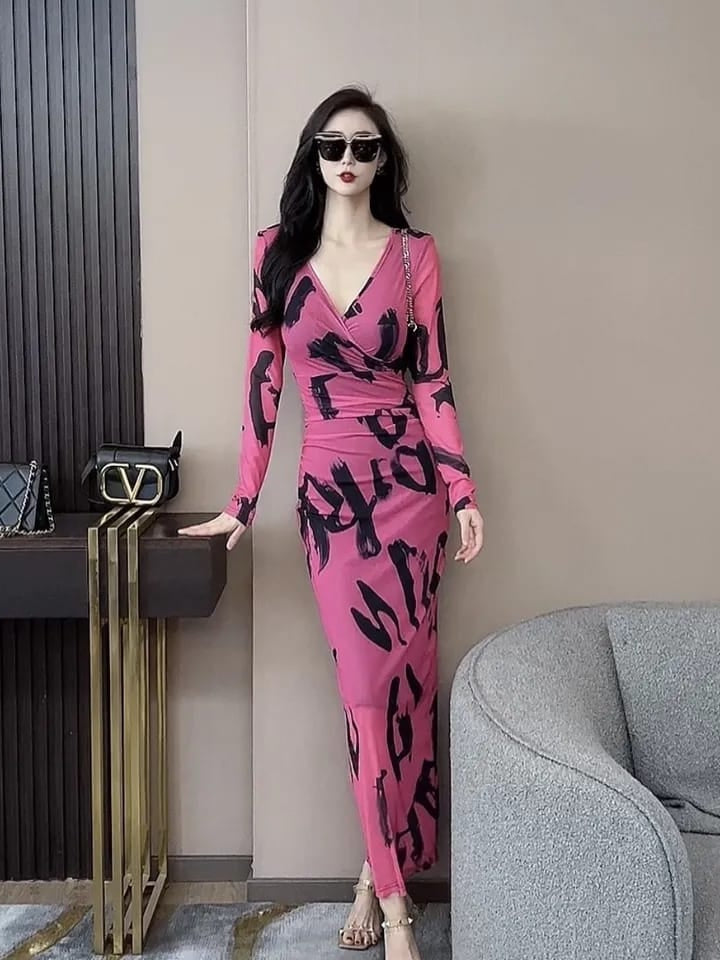 Ruched V Neck Full Sleeves Mesh Dress