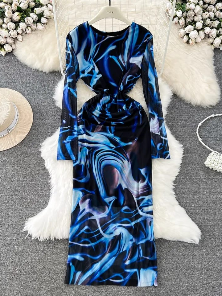 Ruched Round Neck Full Sleeves Mesh Dress