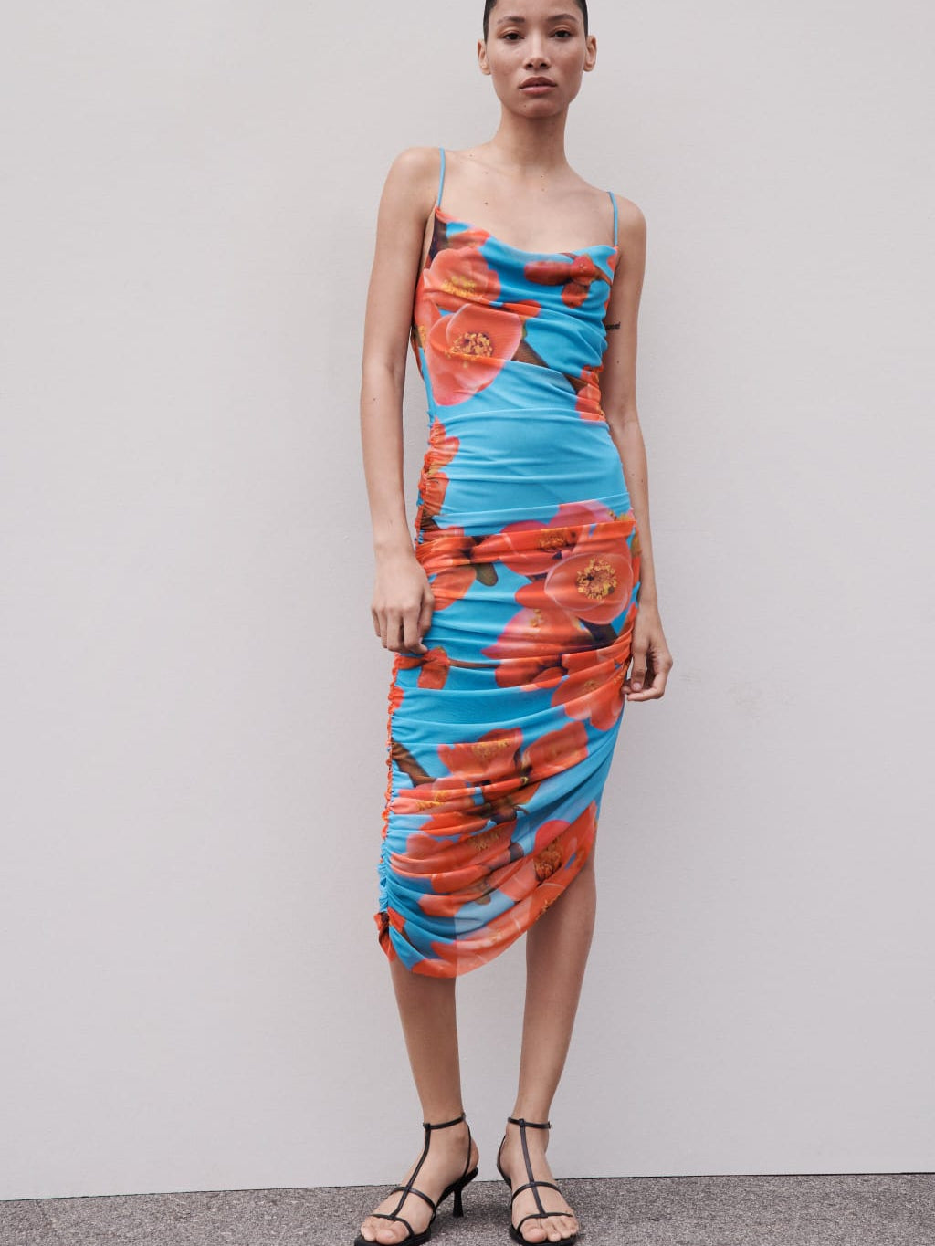 Asymmetric Floral Print Mesh Backless Dress