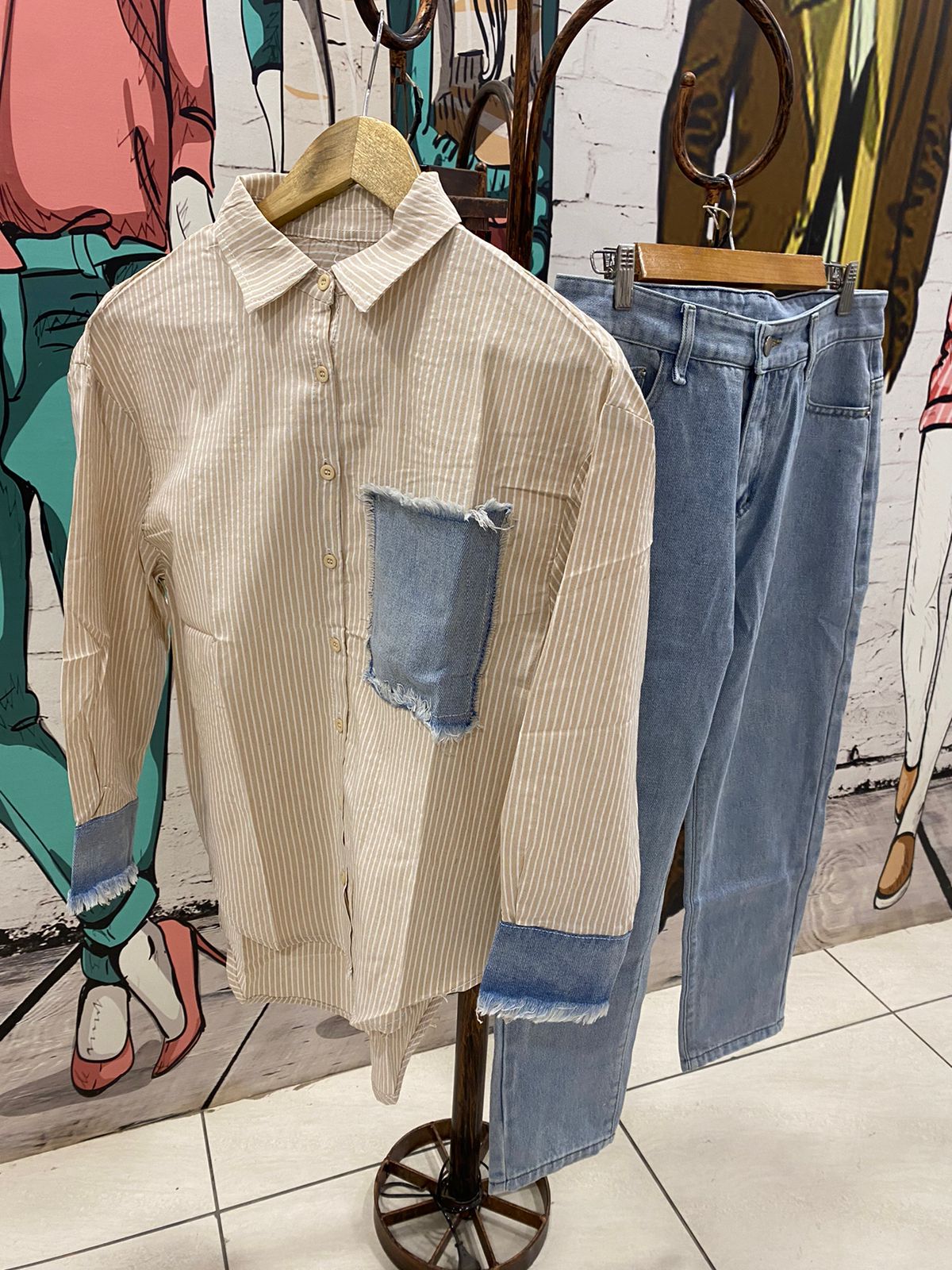 Striped Shirt & Denim Pants Coord Set