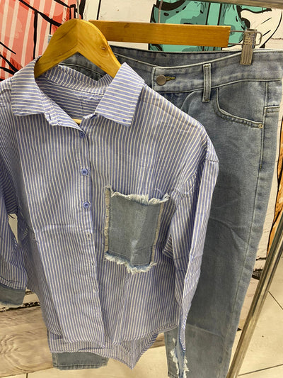 Striped Shirt & Denim Pants Coord Set