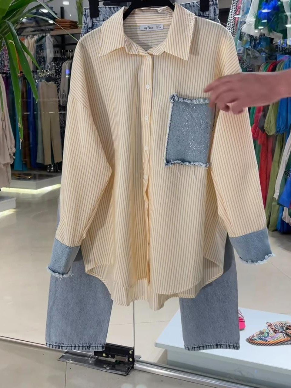 Striped Shirt & Denim Pants Coord Set