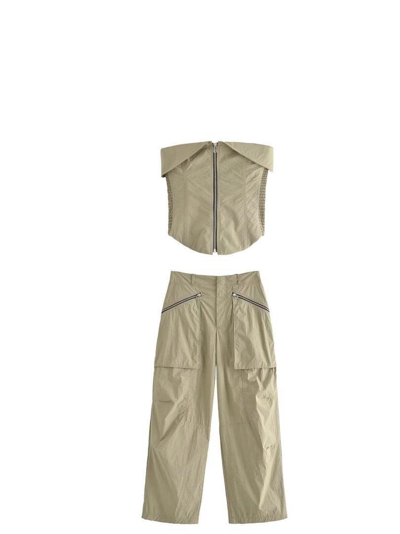 Zipper Tube Fold Top & Cargo Pants Coord Set