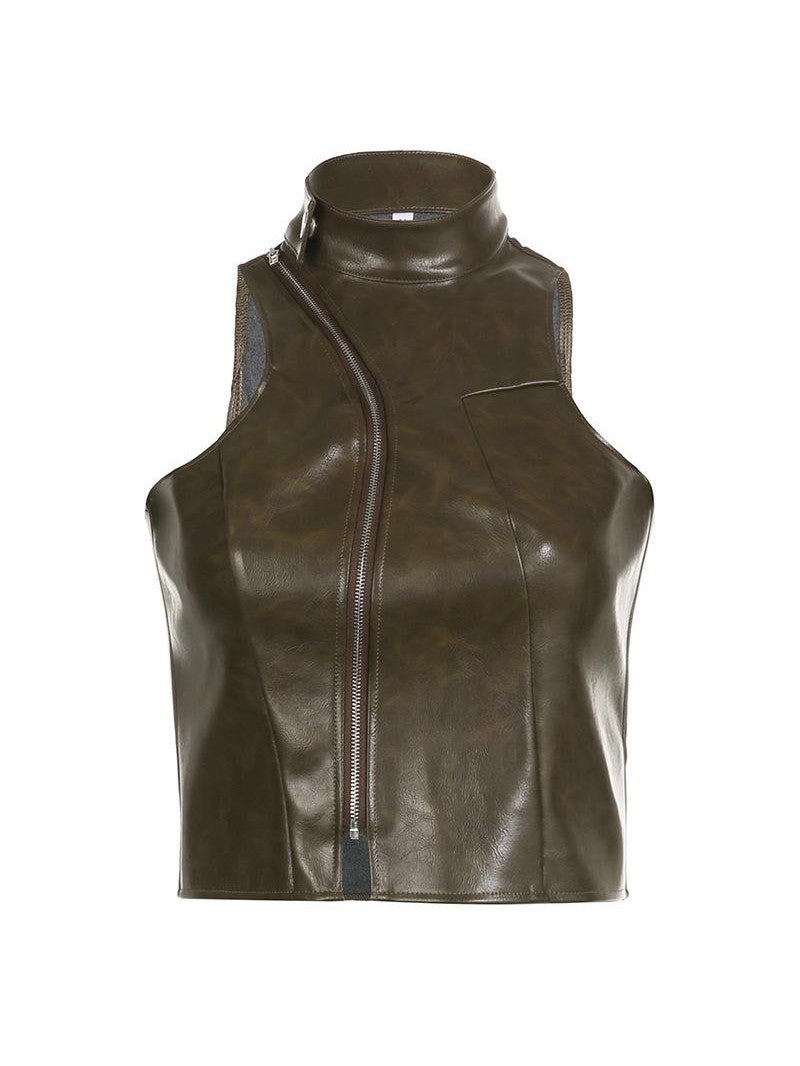 Sleeveless High Neck Leather Top Brown