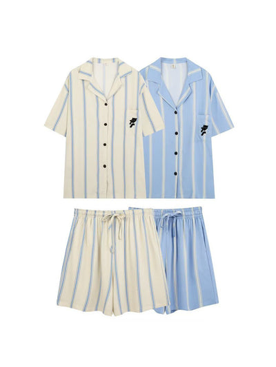Cream and light-blue vertical-stripe short-sleeve shirts with matching striped shorts set; black buttons.