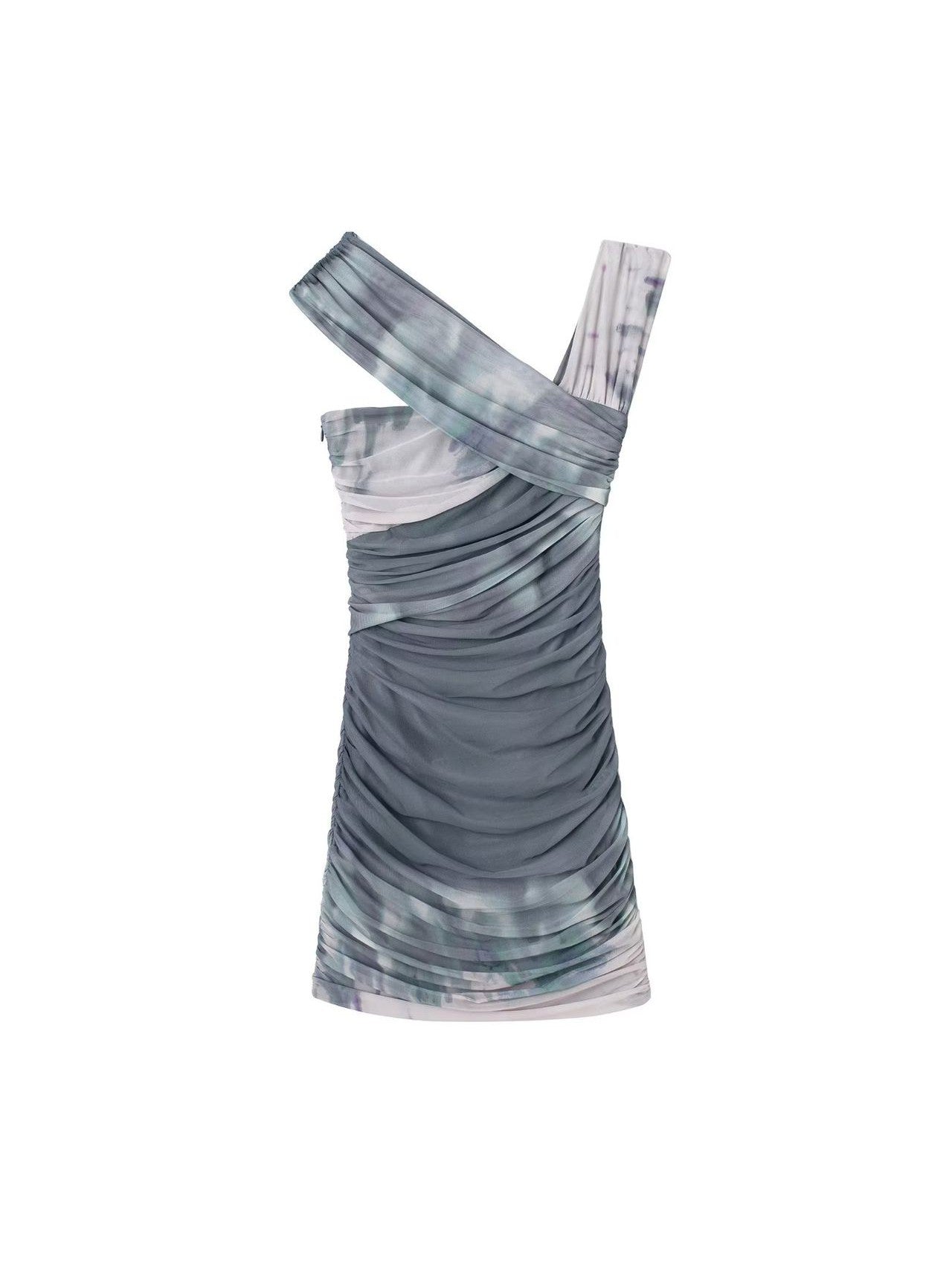 Tie Dye Print Grey Mesh Tulle Dress