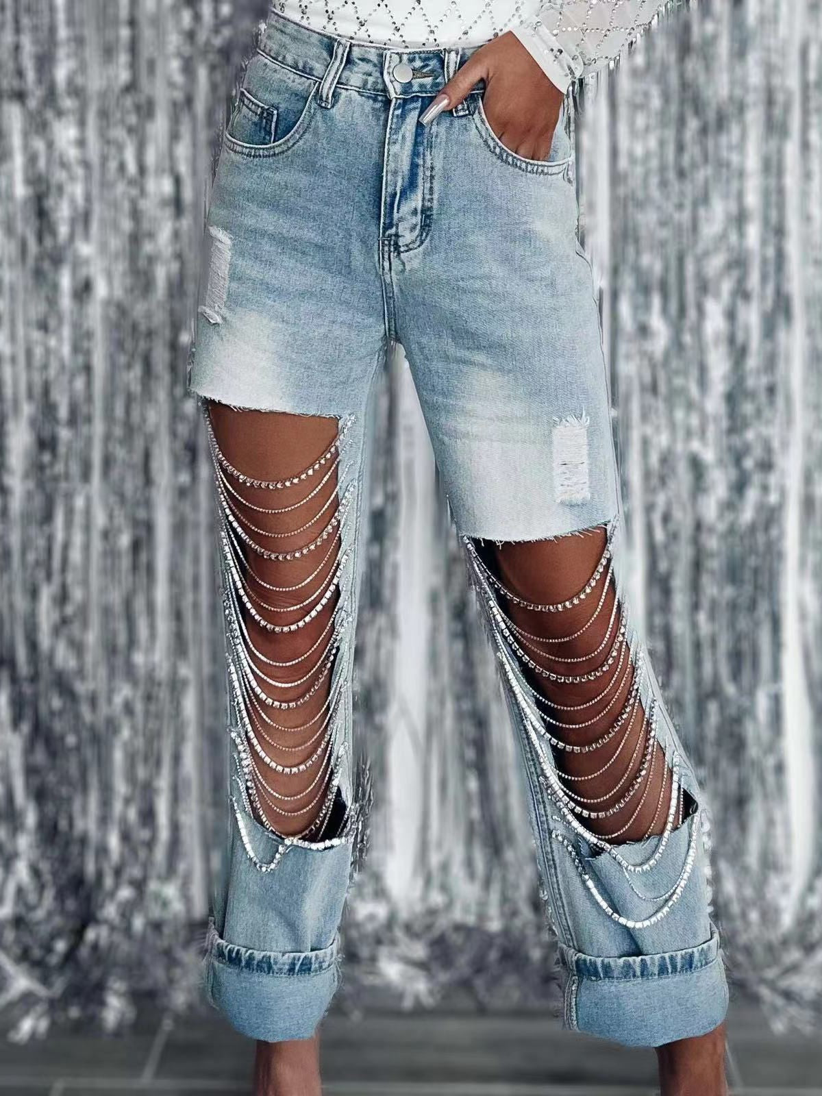 Distressed Cutout Rhinestone Tassel Denim Pants