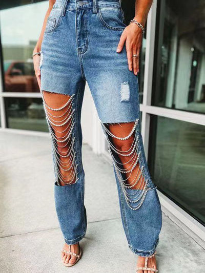 Distressed Cutout Rhinestone Tassel Denim Pants