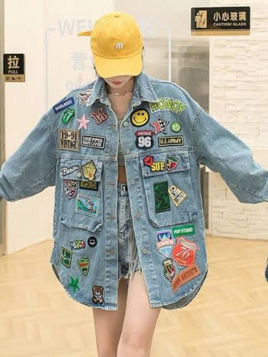 women's quilted patchwork denim jacket: yellow turquoise – Scout & Indiana  DE