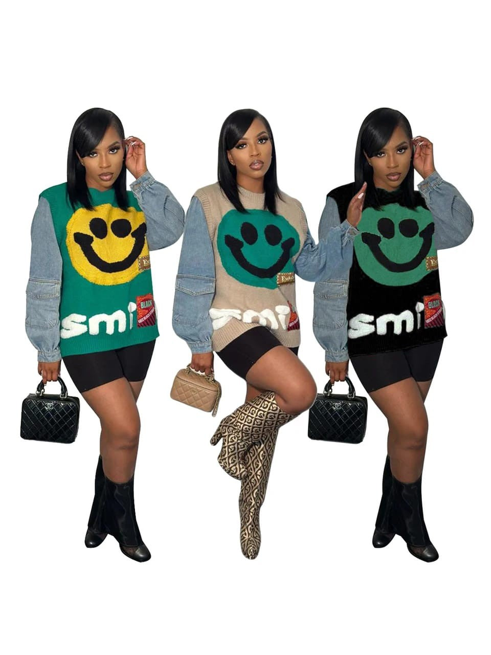 Denim Sleeve Patchwork Knitted Jeans Sweater