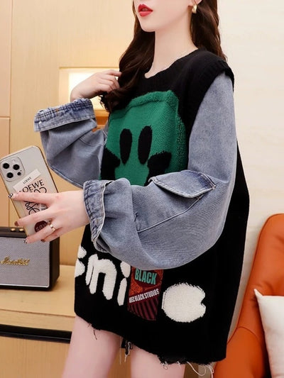 Denim Sleeve Patchwork Knitted Jeans Sweater